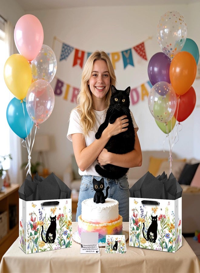 Woosytoo Cat Lover Gift Bag Back Cat Birthday Gifts Wrapping Paper Bag with Greeting Card for Boys Girls Women Men Spring Flower Black Meow Baby Shower Birthday Adoption Anniversaries Party Favors Supplies - Image 2